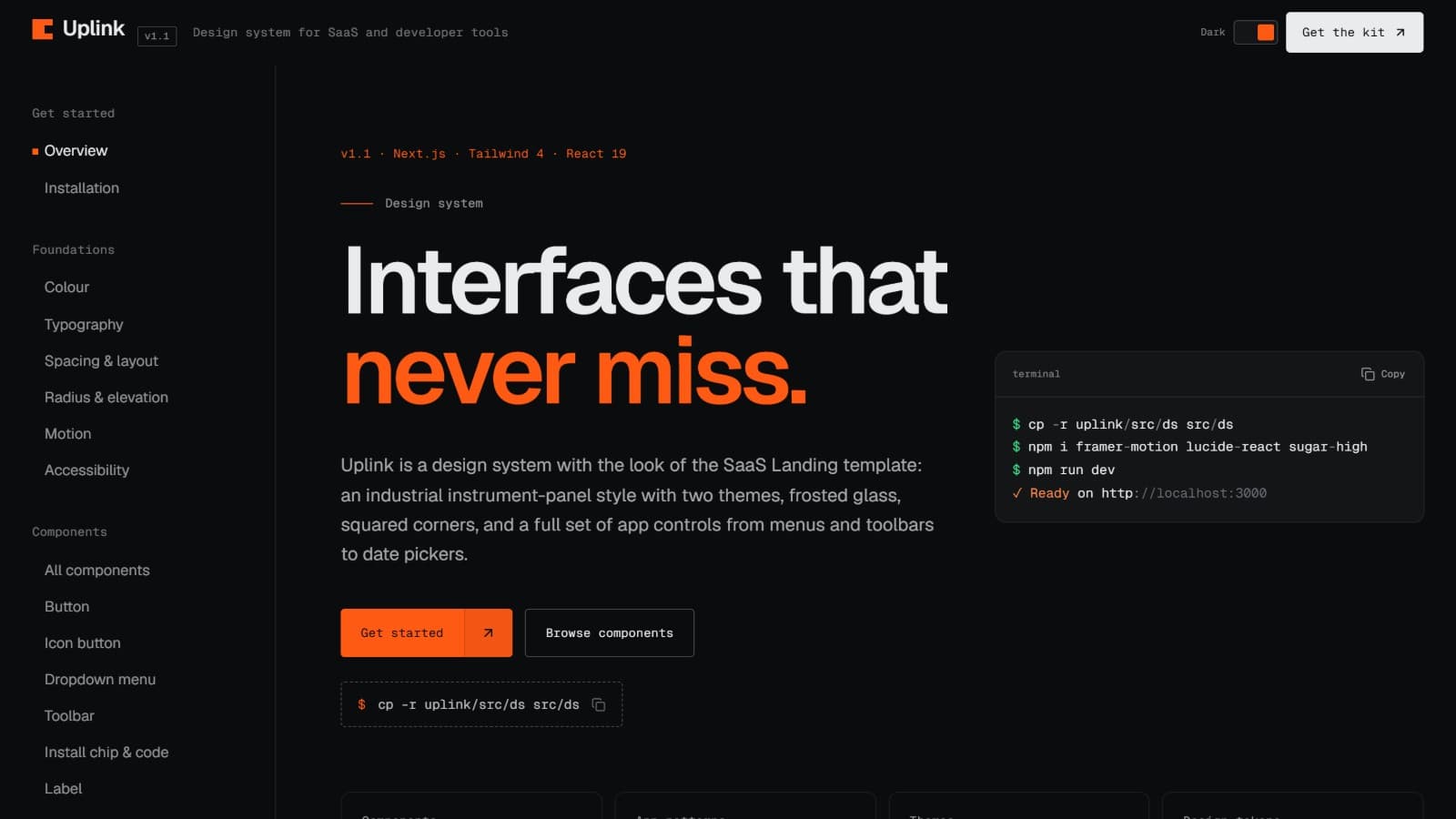 Uplink Design System — Next.js + Tailwind 4 UI Kit for SaaS & Developer Tools, with Tokens, 21 Components, App Patterns & Docs Site