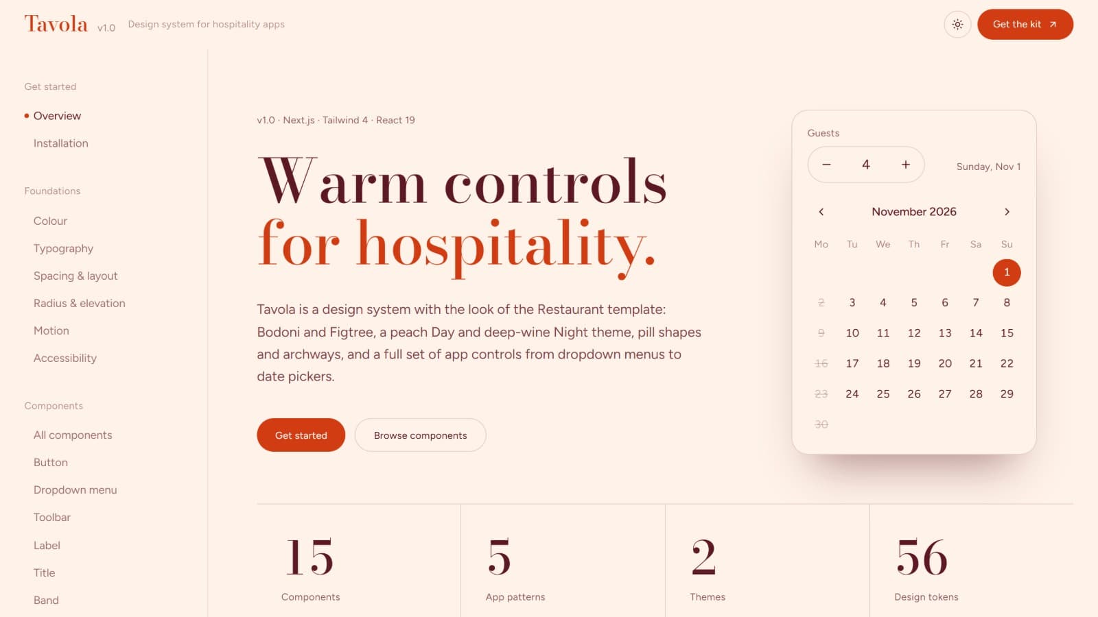 Tavola Design System — Next.js + Tailwind 4 UI Kit for Restaurant & Hospitality Apps, with Tokens, 15 Components, App Patterns & Docs Site