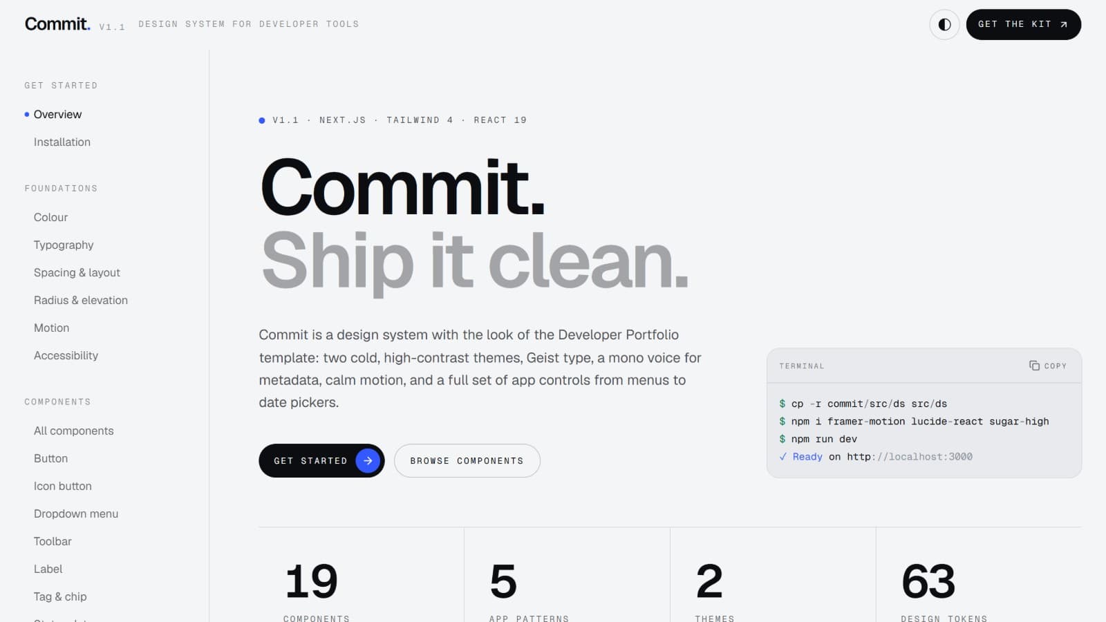 Commit Design System — Next.js + Tailwind 4 UI Kit with Tokens, 19 Components, App Patterns & Docs Site