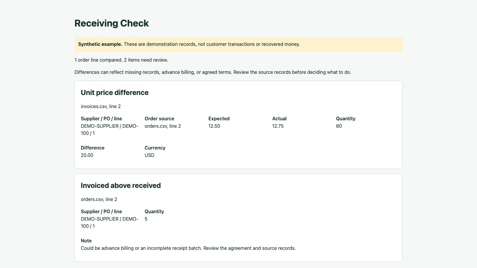 ReceivingCheck: PO, Receipt and Invoice Comparison